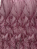 Curvy Line Design Fabric - Wine - 4 Way Stretch Sequins Design Mesh Lace Fabric by Yard
