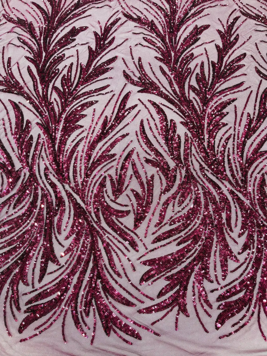Leaf Design Stretch Sequins - Wine - 4 Way Stretch Lace Mesh Sequins Fabric by Yard