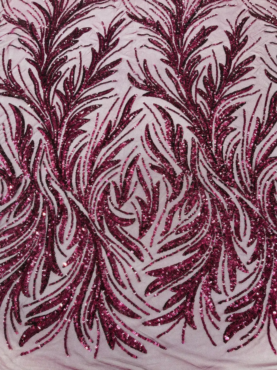 Leaf Design Stretch Sequins - Wine - 4 Way Stretch Lace Mesh Sequins Fabric by Yard
