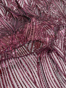 Curvy Line Design Fabric - Wine - 4 Way Stretch Sequins Design Mesh Lace Fabric by Yard