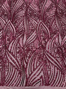 Curvy Line Design Fabric - Wine - 4 Way Stretch Sequins Design Mesh Lace Fabric by Yard