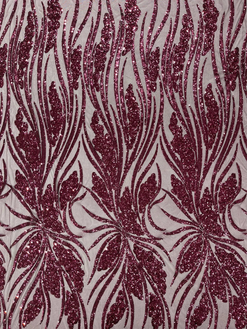 Wavy Leaf Sequins Fabric - Wine - Wavy Lines and Leaves Design on Lace Mesh Fabric by Yard