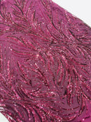 Leaf Design Stretch Sequins - Wine - 4 Way Stretch Lace Mesh Sequins Fabric by Yard