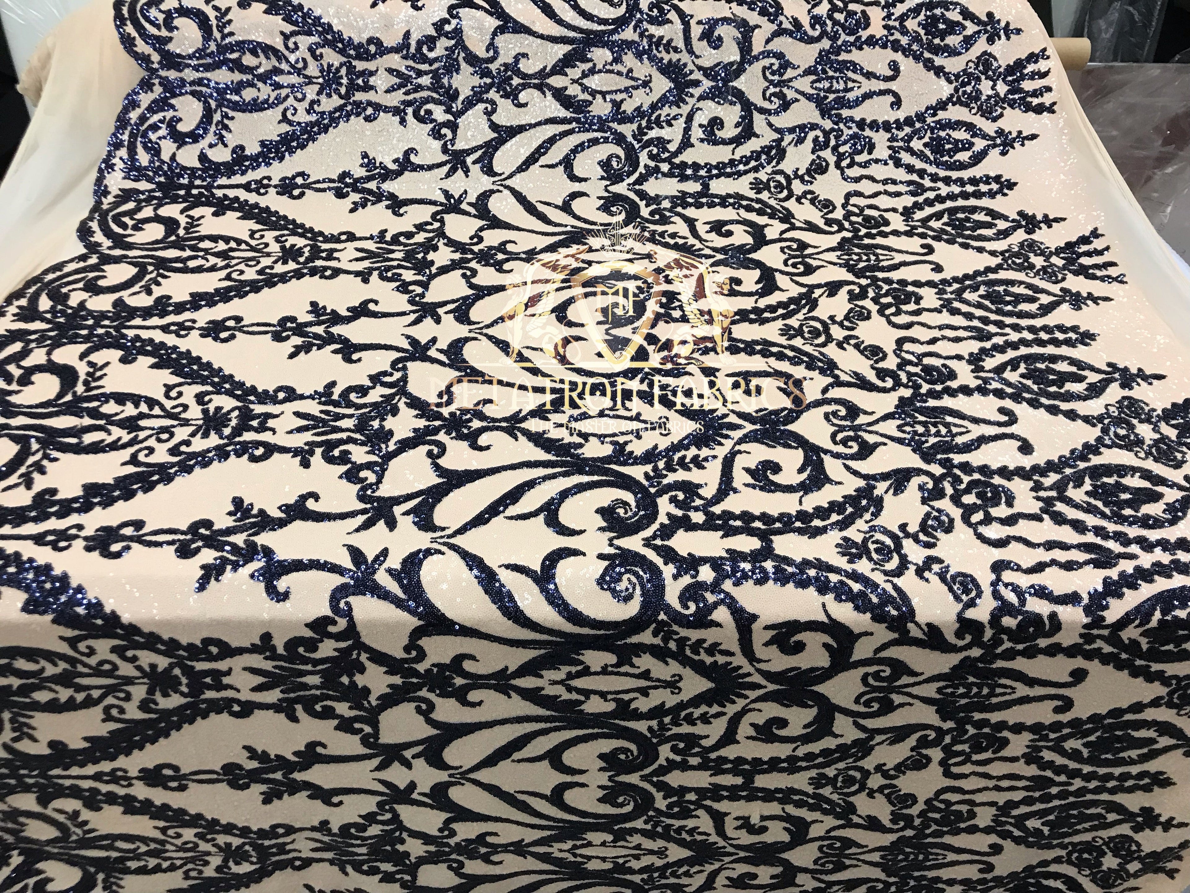 Two Tone Sequins - Navy / Nude - 4 Way Stretch Fancy Design Mesh Fabric Sold By The Yard