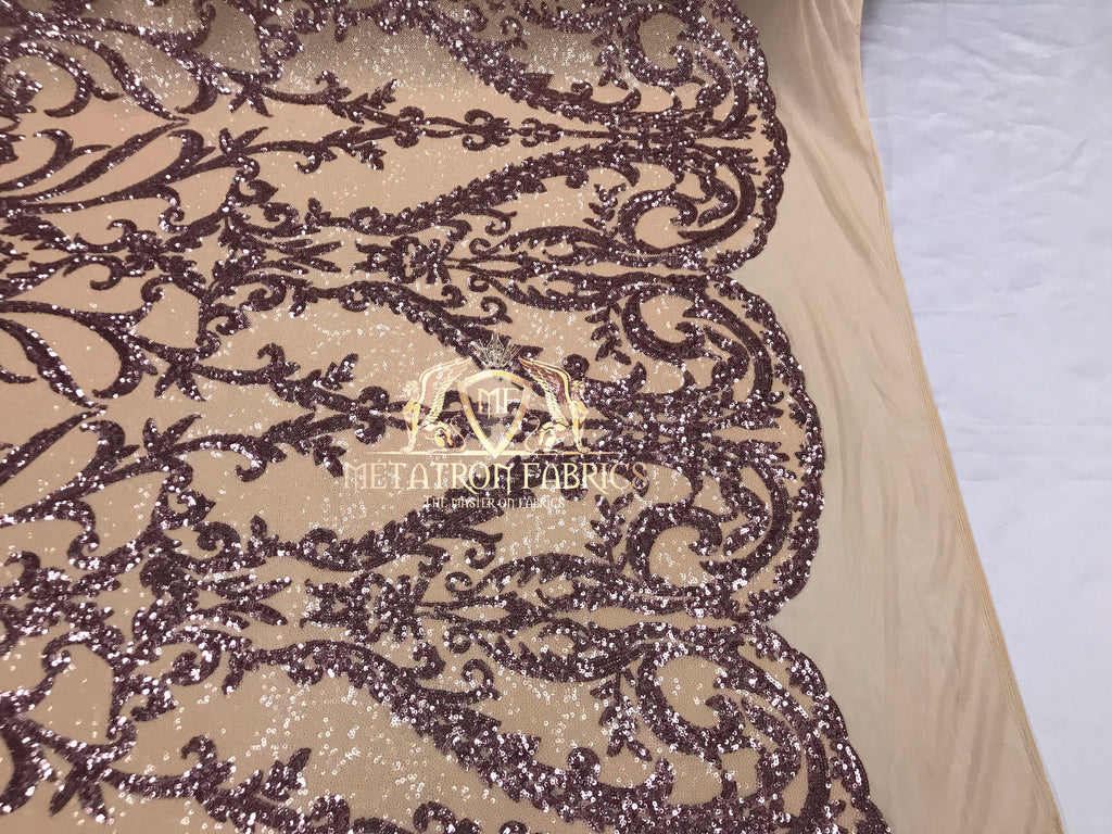 Two Tone Sequins - Dusty Rose/ Nude - 4 Way Stretch Fancy Design Mesh Fabric Sold By The Yard