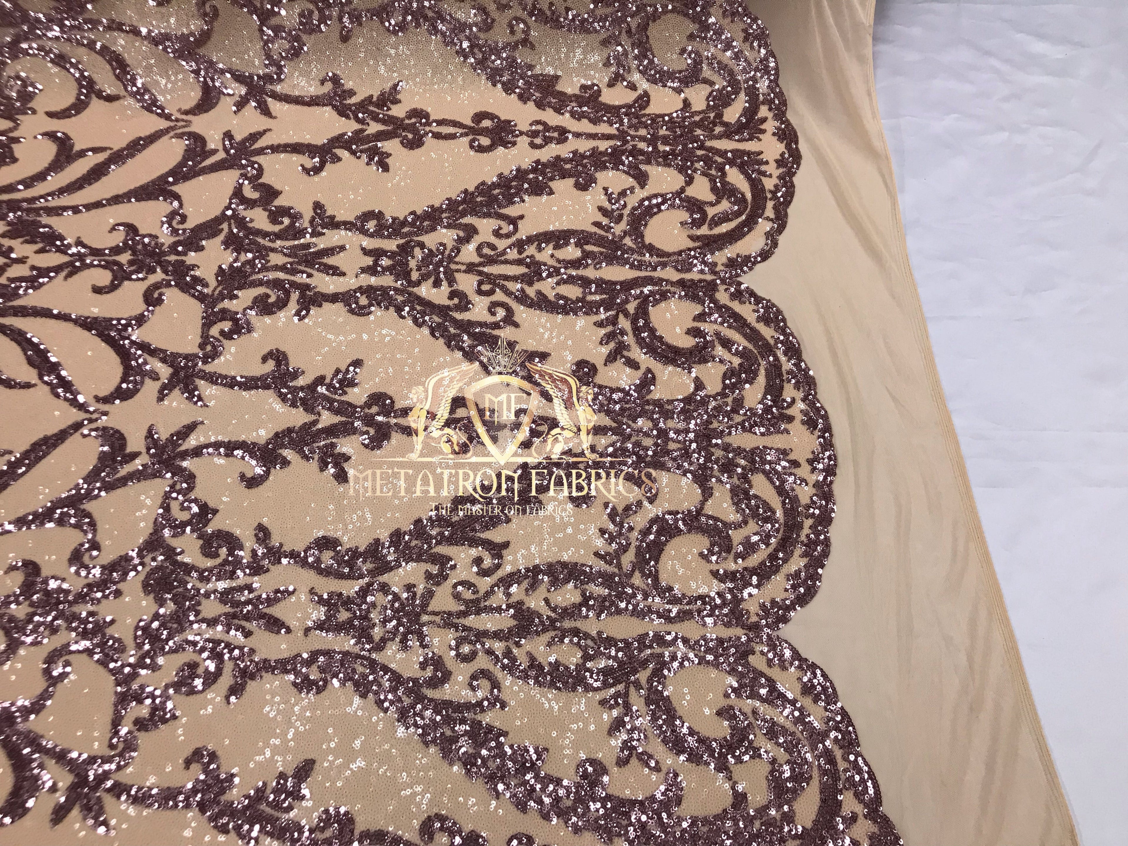 Two Tone Sequins - Dusty Rose/ Nude - 4 Way Stretch Fancy Design Mesh Fabric Sold By The Yard