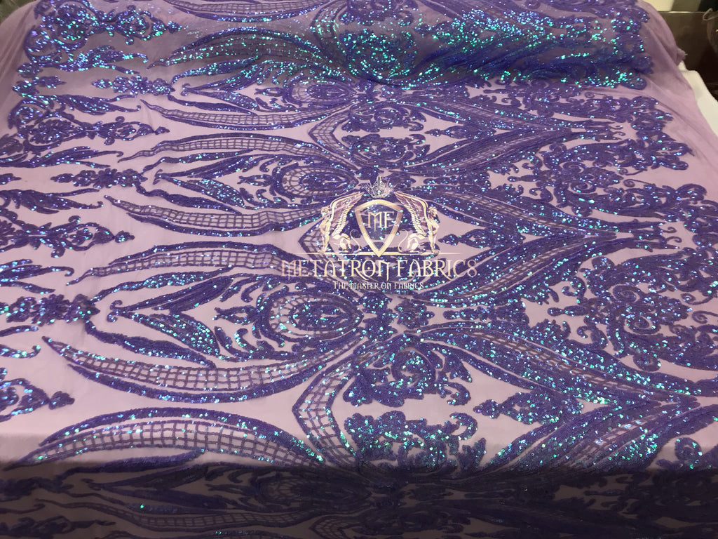 Big Damask Sequins Fabric - Iridescent Lilac - 4 Way Stretch Damask Sequins Design Fabric By Yard