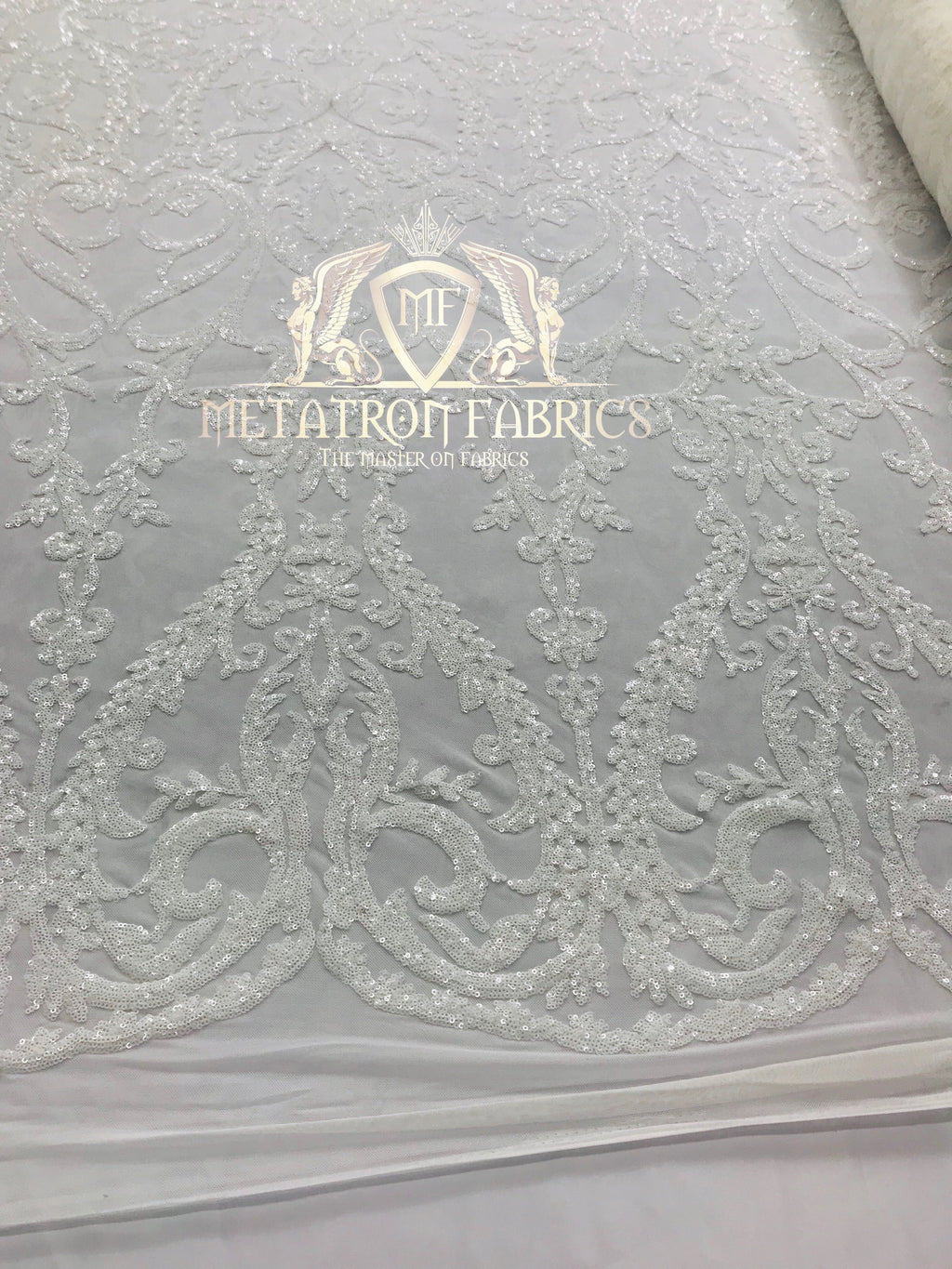 4 Way Stretch - White - Sequins Damask Design Fabric Embroidered On Mesh Sold By The Yard