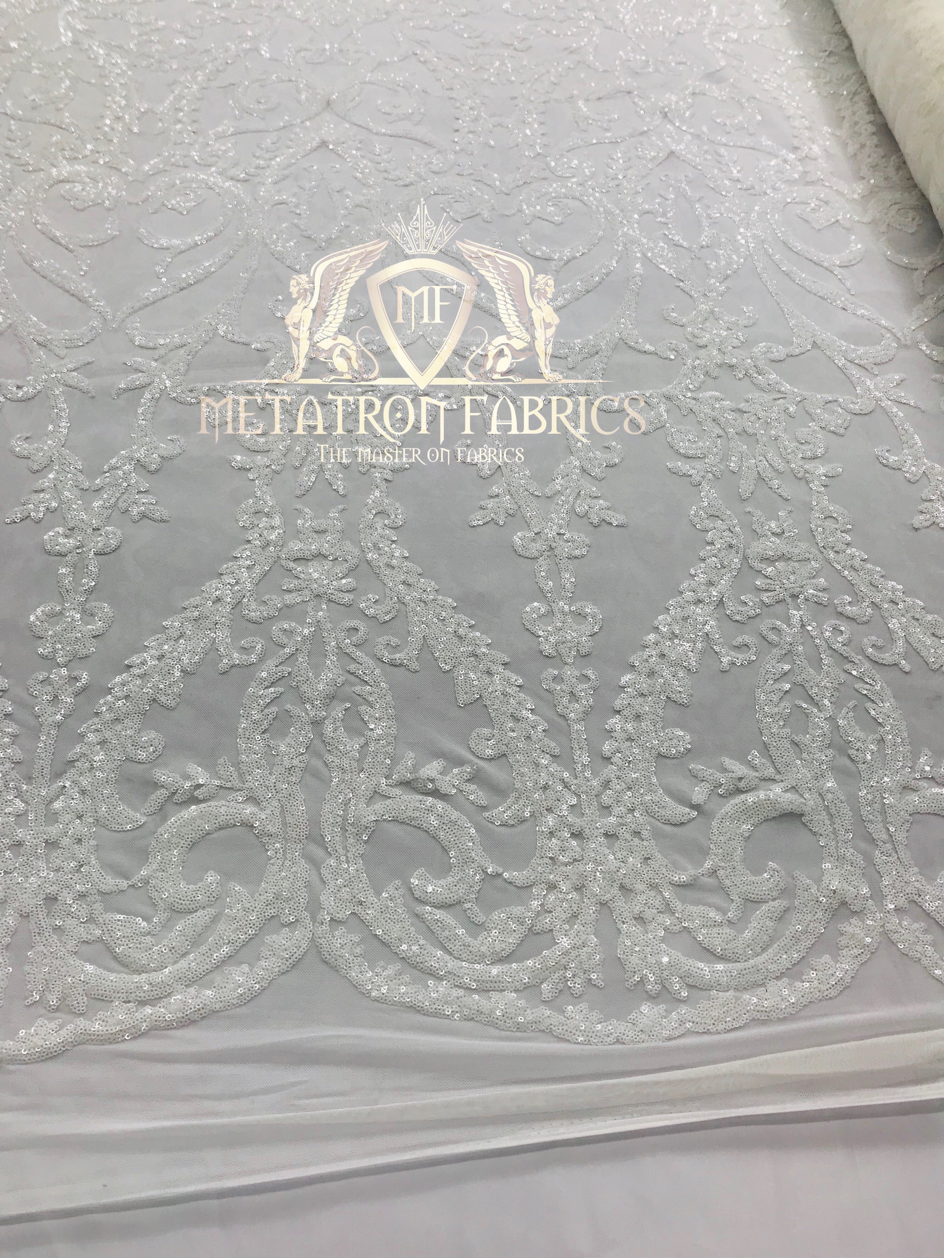 4 Way Stretch - White - Sequins Damask Design Fabric Embroidered On Mesh Sold By The Yard