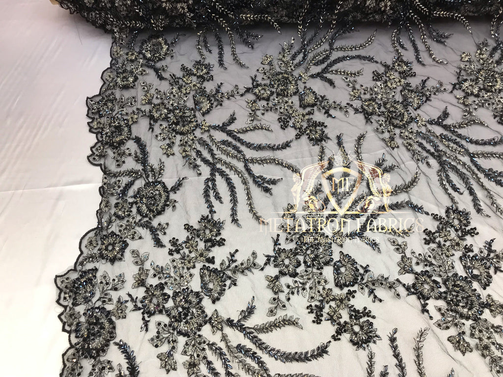 Beaded - Black - Fancy Flower Design Sequins Fabric with Beads Sold By The Yard
