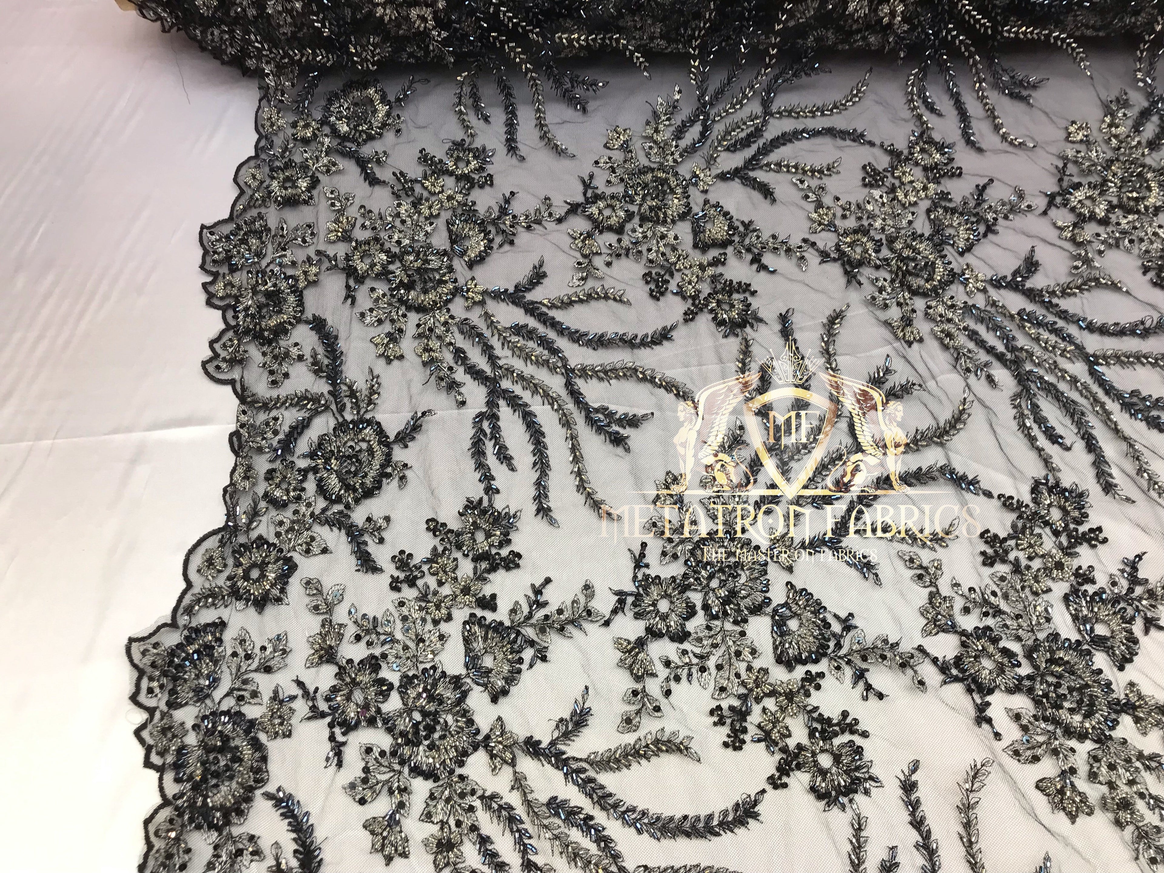 Beaded - Black - Fancy Flower Design Sequins Fabric with Beads Sold By The Yard