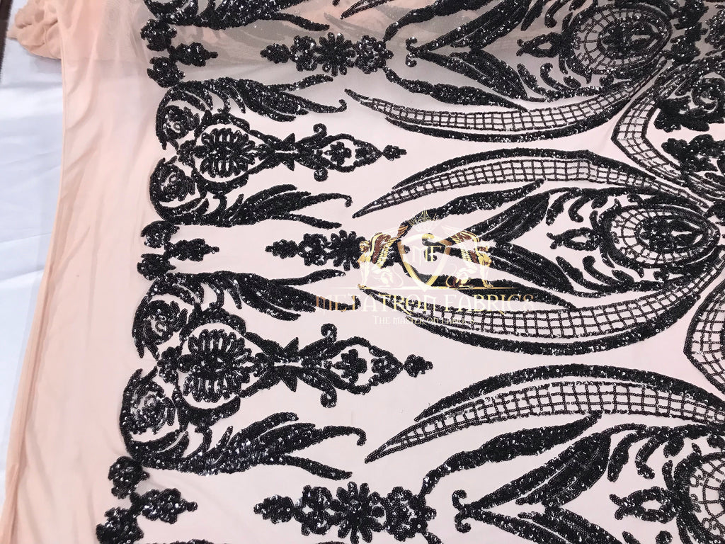 Black - Sequins 4 Way Stretch Fabric Embroidered On Mesh Sold By The Yard