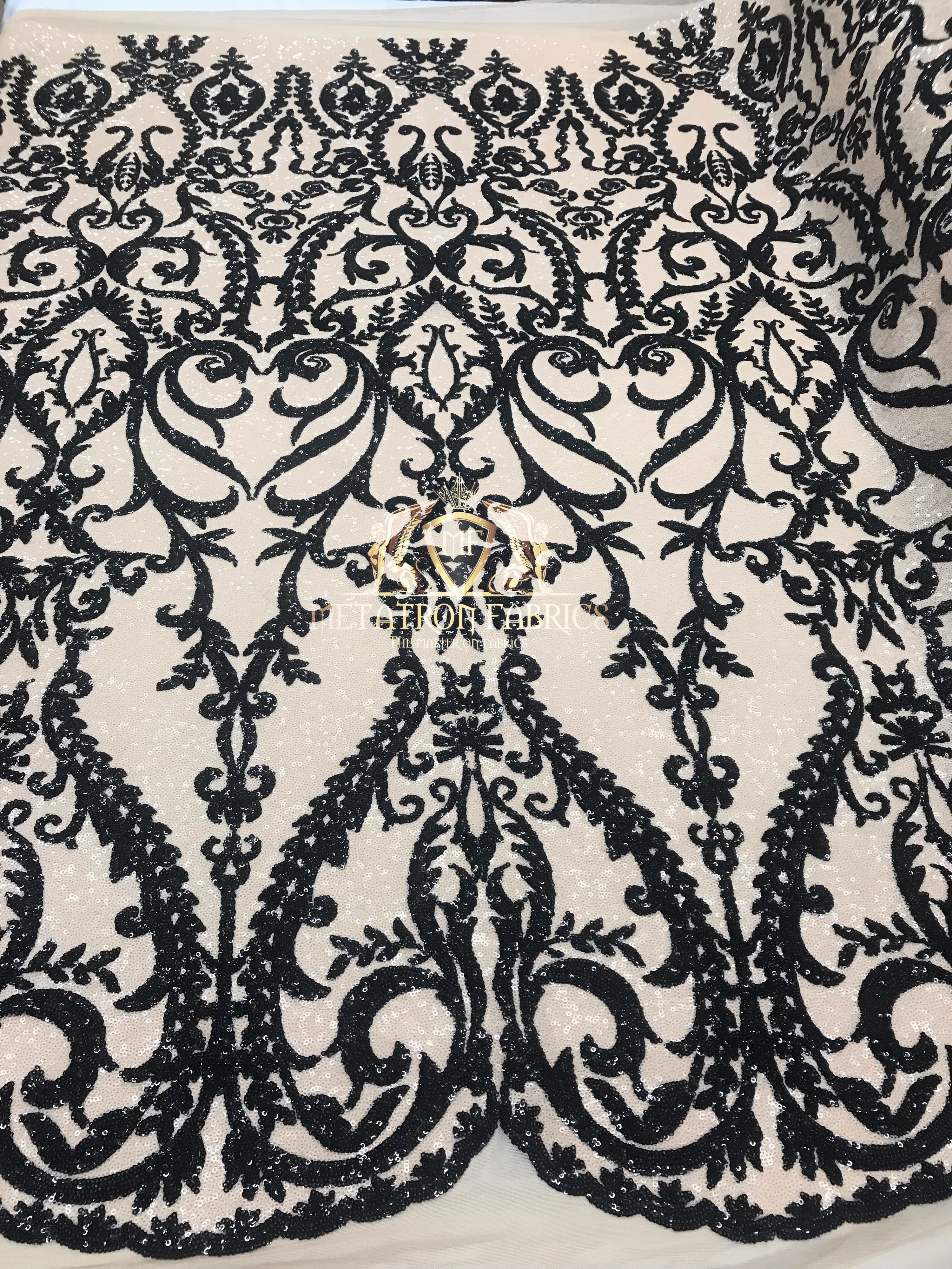 Two Tone Sequins - Nude / Black - 4 Way Stretch Fancy Sequins Design Mesh Fabric Sold By The Yard