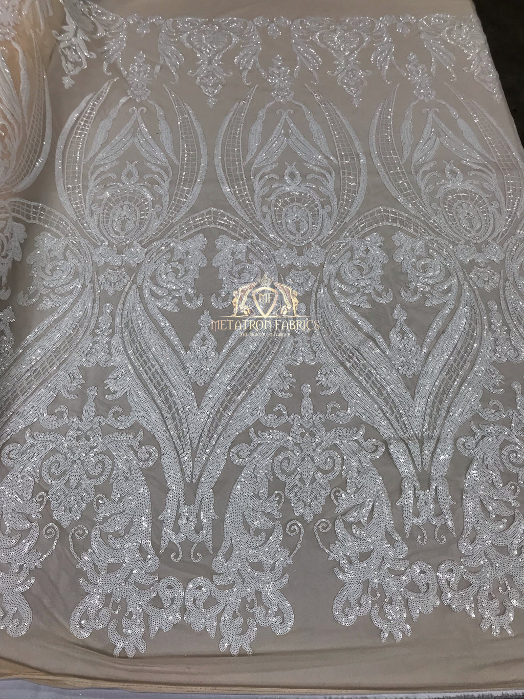 Big Damask Sequins Fabric - White on Nude Mesh - 4 Way Stretch Damask Sequins Design Fabric By Yard