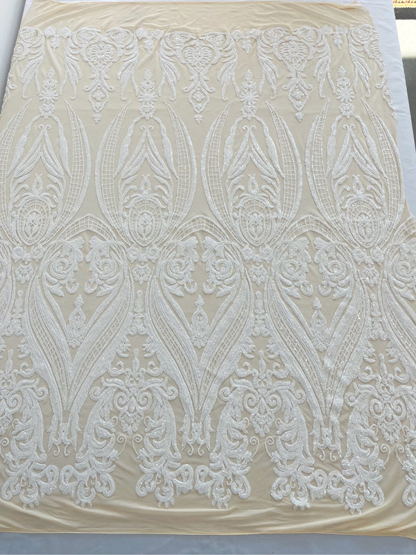 Big Damask Sequins Fabric - White - 4 Way Stretch Damask Sequins Design Fabric By Yard