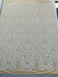 Big Damask Sequins Fabric - White - 4 Way Stretch Damask Sequins Design Fabric By Yard