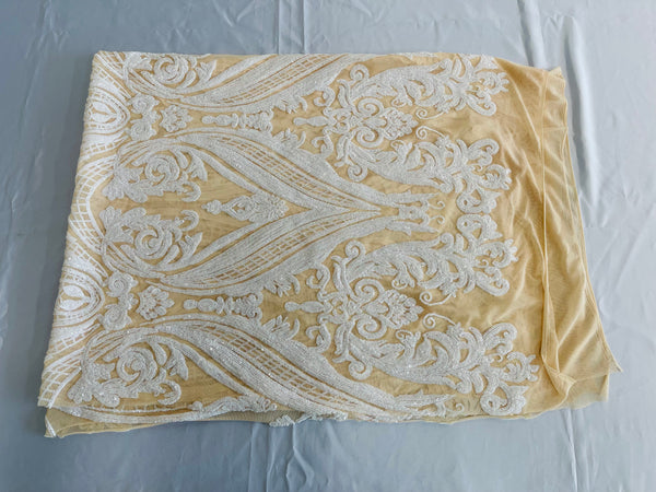 Big Damask Sequins Fabric - White - 4 Way Stretch Damask Sequins Design Fabric By Yard