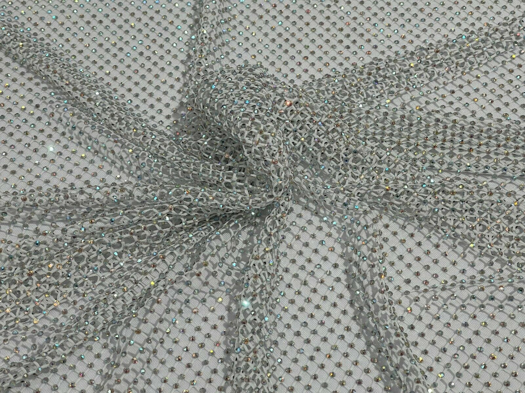 Iridescent Rhinestones Fabric On White Stretch Net Fabric, Fish Net with Crystal Stones by yard
