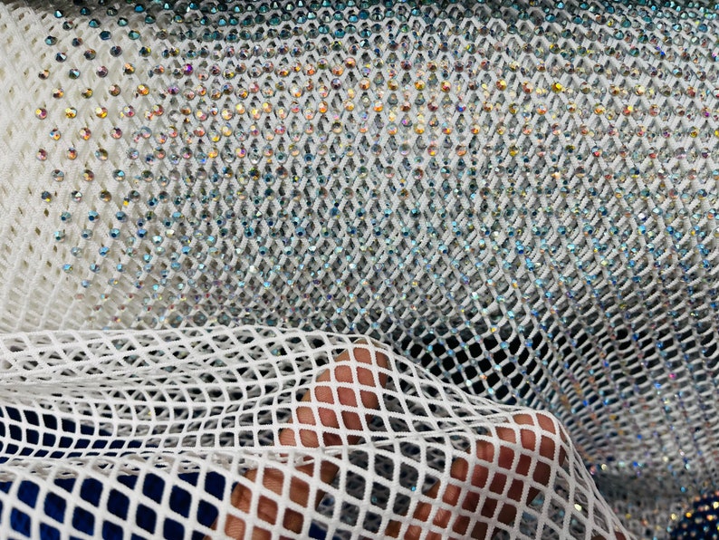 Iridescent Rhinestones Fabric On White Stretch Net Fabric, Fish Net with Crystal Stones by yard