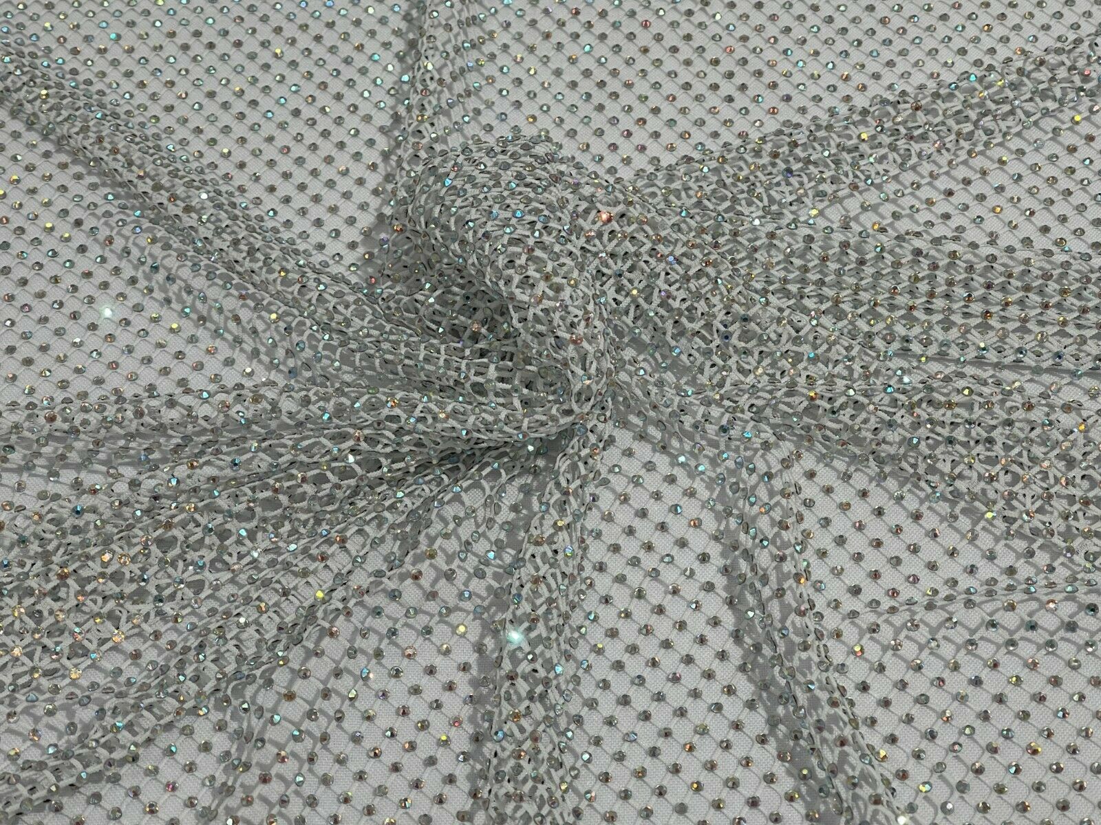 Iridescent Rhinestones Fabric On Stretch Net Fabric, Fish Net with Crystal Stones by yard