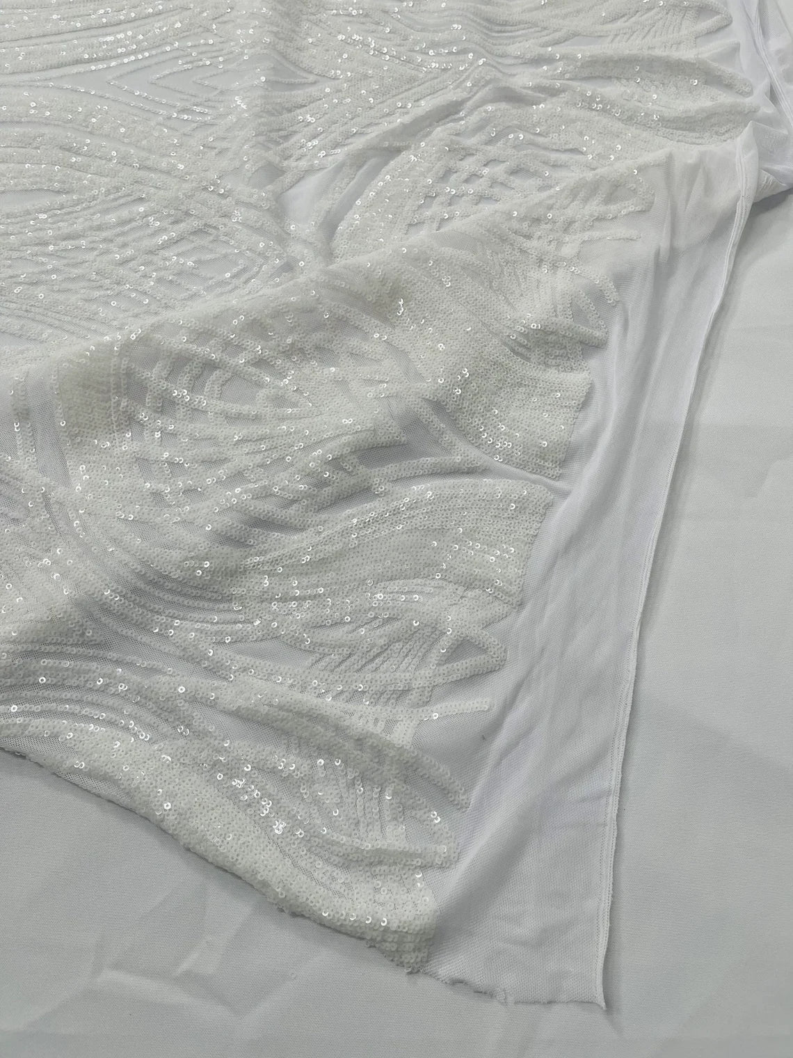 Long Wavy Pattern Sequins - White Iridescent - 4 Way Stretch Sequins Fabric Line Design By Yard