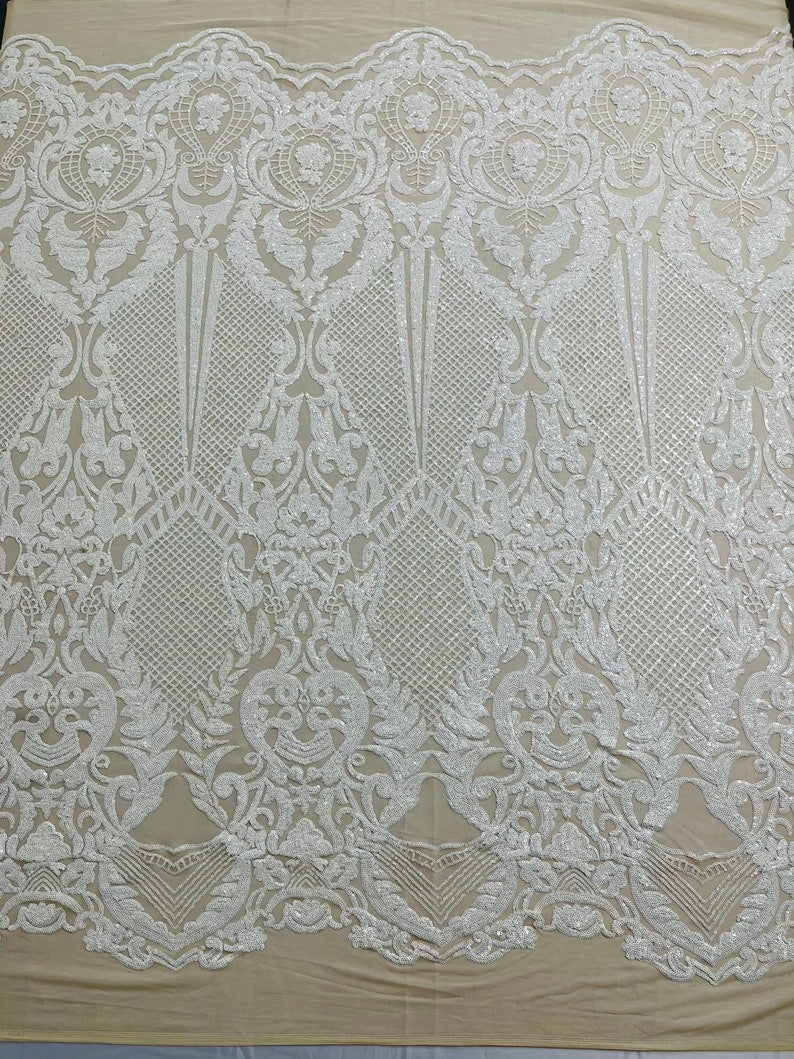 White Sequins Fabric on Nude Mesh, DAMASK Design Embroidered on a 4 way Stretch By The Yard