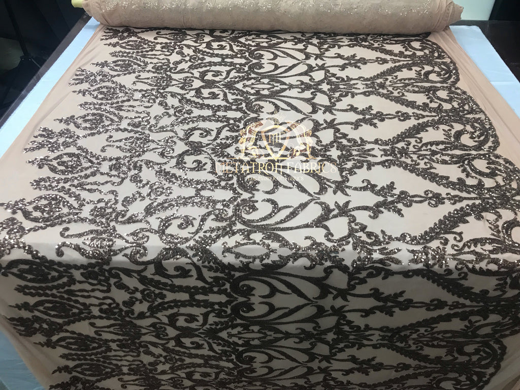 4 Way Stretch - Dusty Rose - Sequins Damask Design Fabric Embroidered On Mesh Sold By The Yard