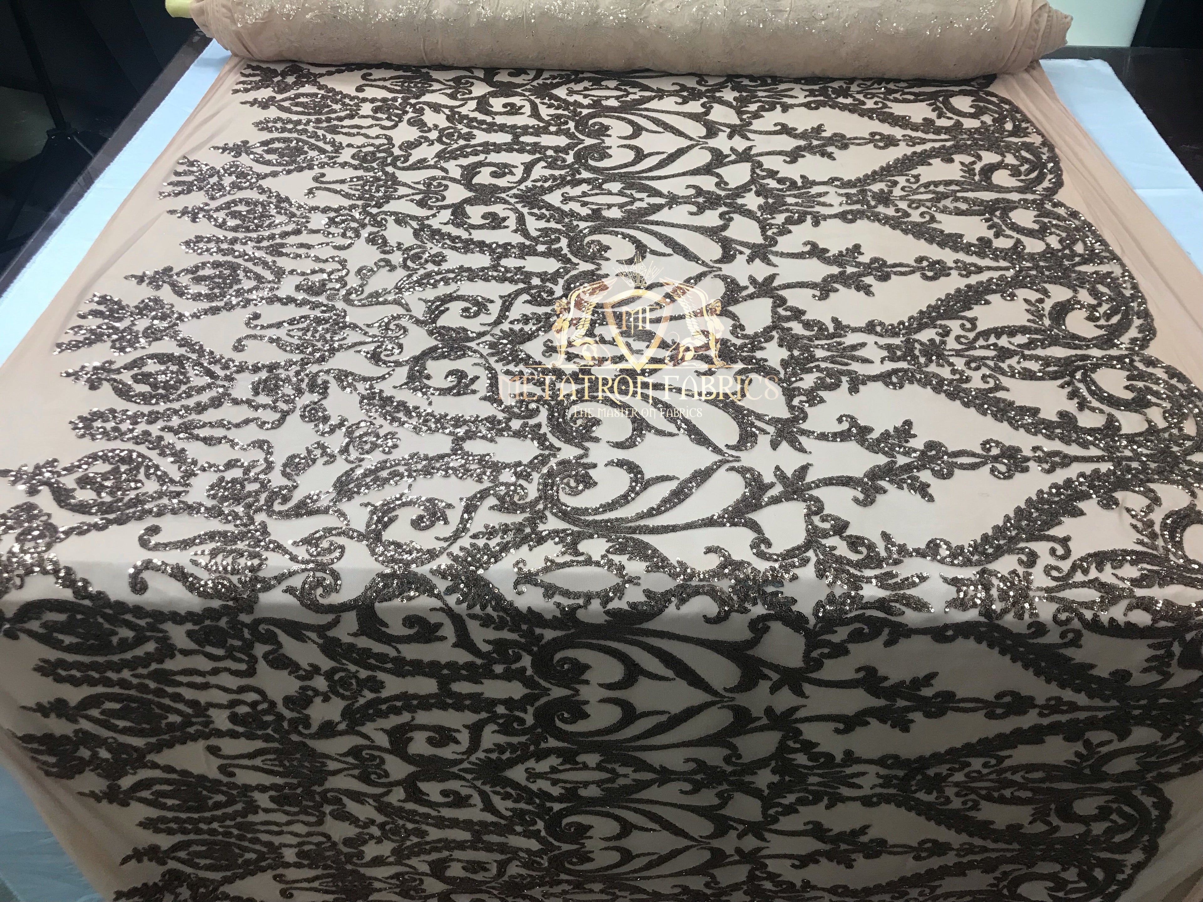 4 Way Stretch - Dusty Rose - Sequins Damask Design Fabric Embroidered On Mesh Sold By The Yard