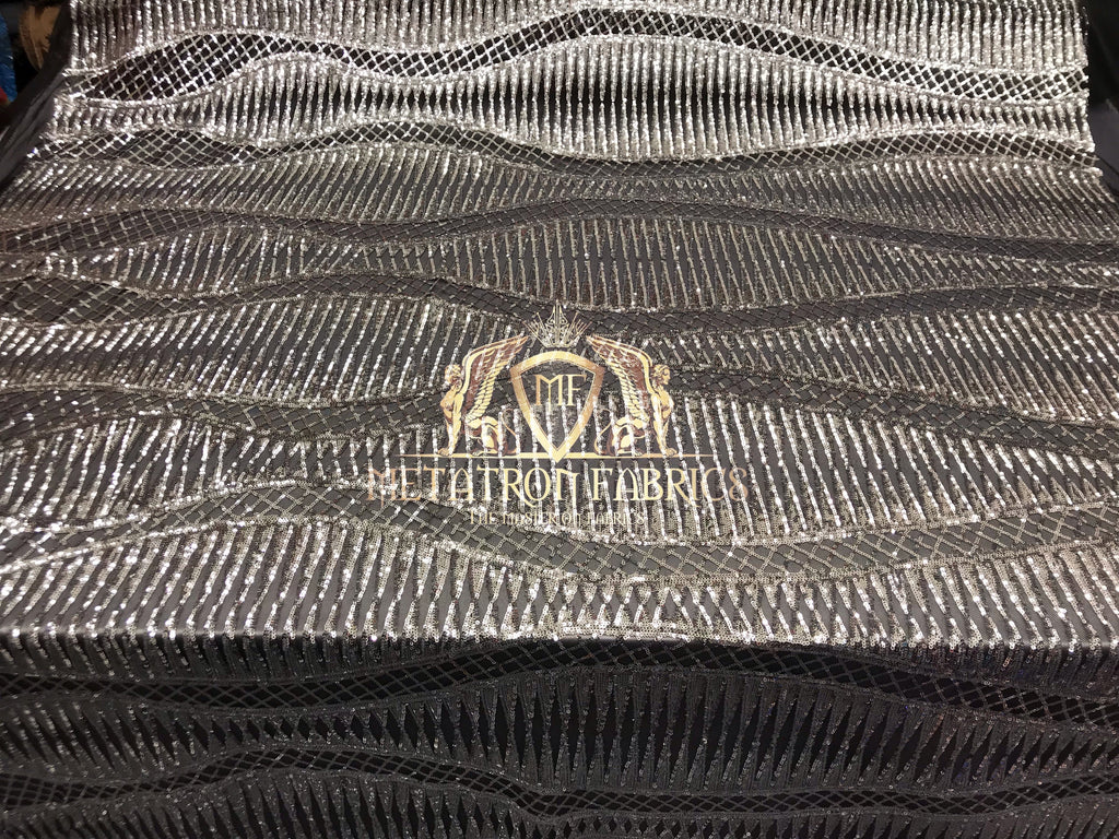 4 Way Stretch - Black and Silver - Horizontal Line Design Sequins On Stretch Mesh By The Yard