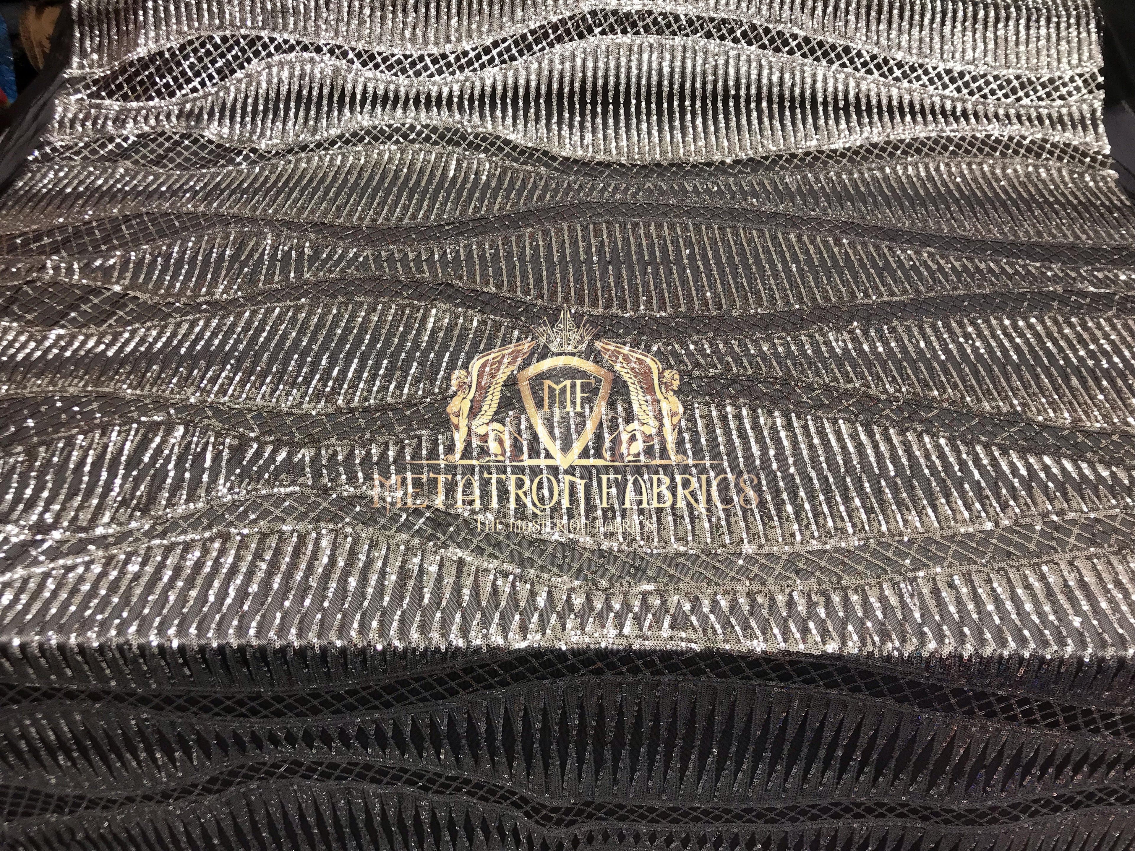 4 Way Stretch - Black and Silver - Horizontal Line Design Sequins On Stretch Mesh By The Yard