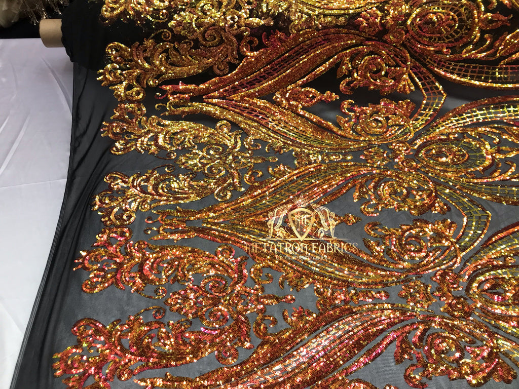 Big Damask Sequins Fabric - Orange on Black - 4 Way Stretch Damask Sequins Design Fabric By Yard