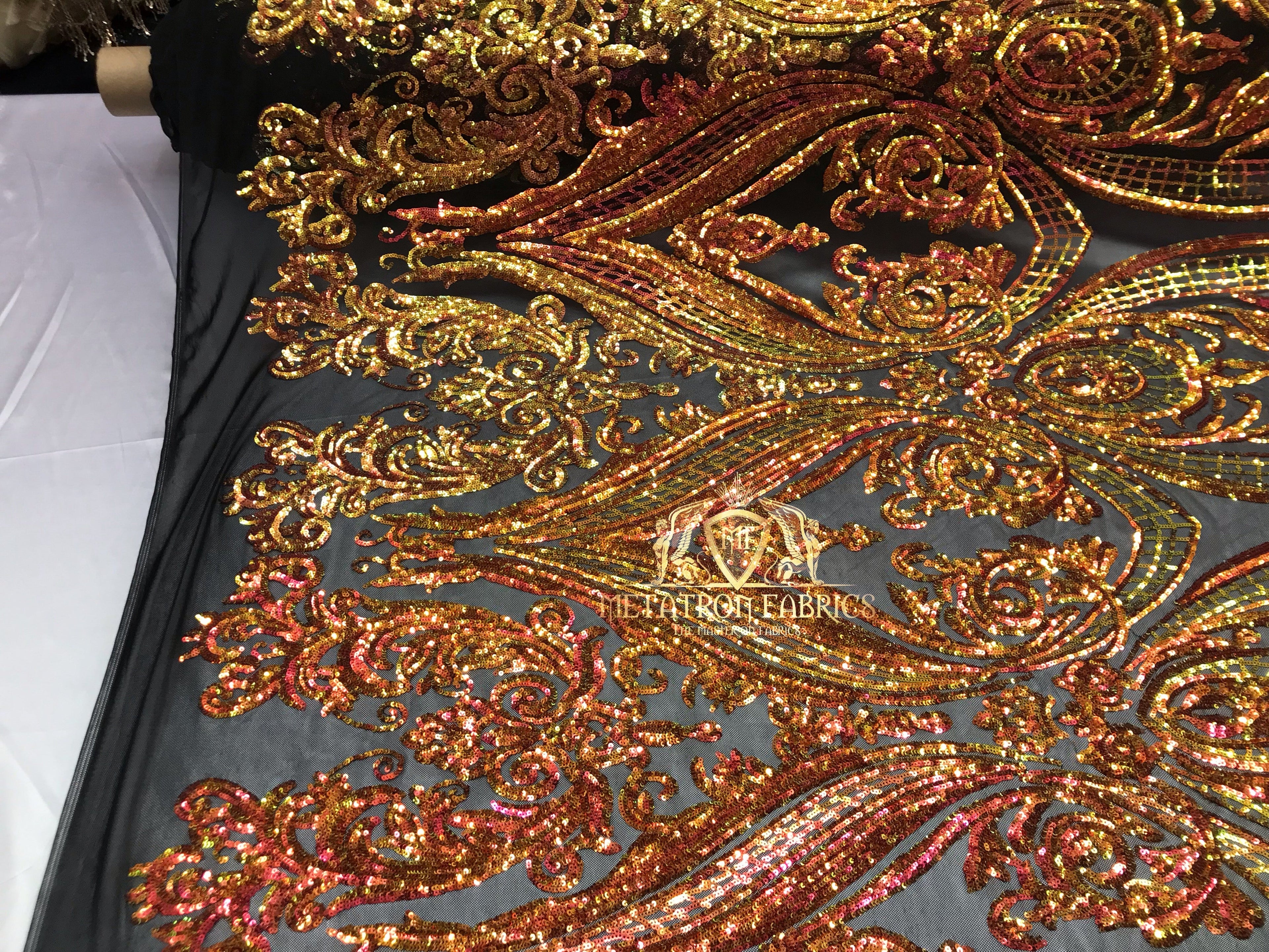 Big Damask Sequins Fabric - Orange on Black - 4 Way Stretch Damask Sequins Design Fabric By Yard