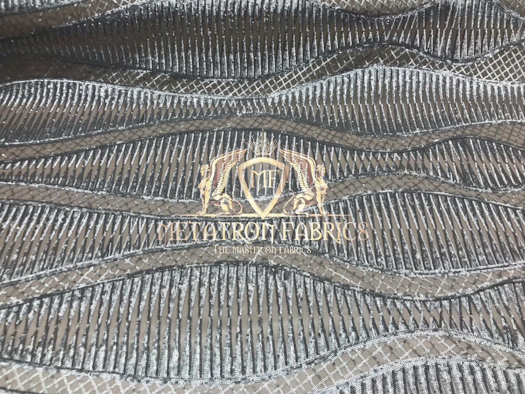 4 Way Stretch - Silver  - Horizontal Line Design Sequins On Stretch Mesh By The Yard