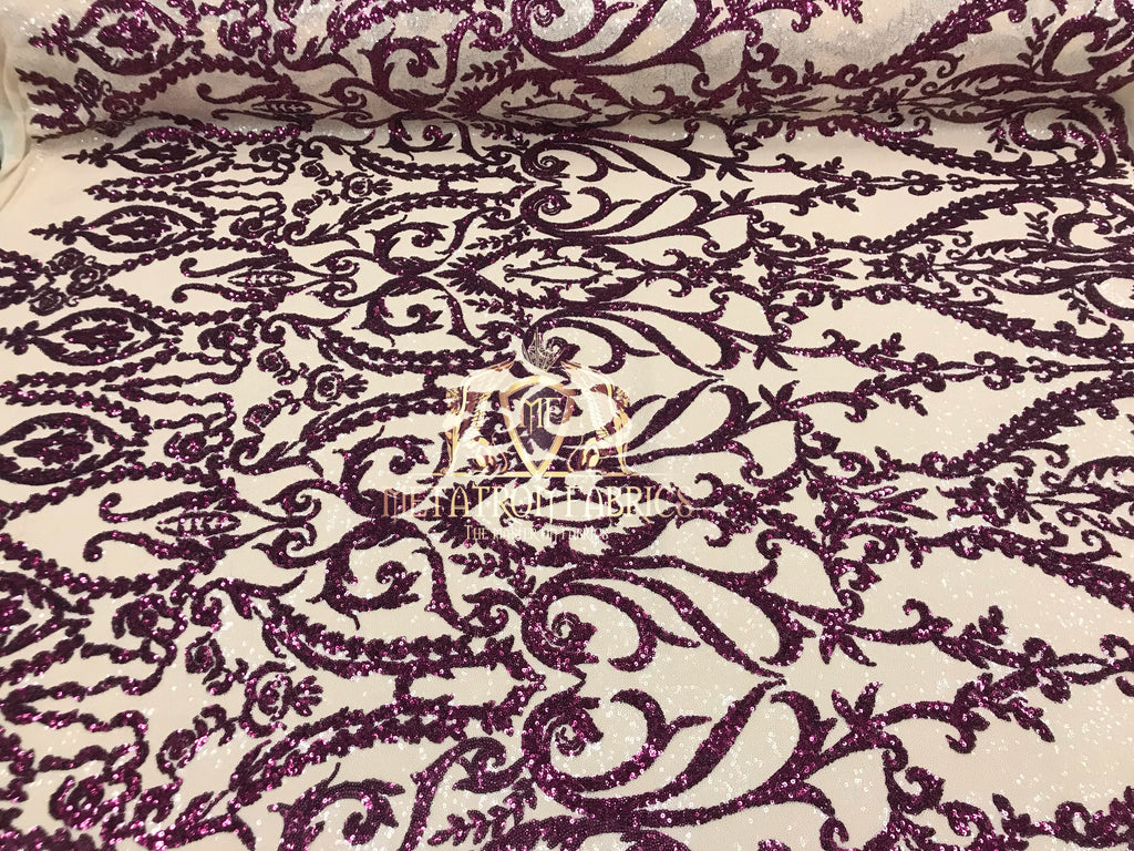 Two Tone Sequins - Magenta / Nude - 4 Way Stretch Fancy Design Mesh Fabric Sold By The Yard