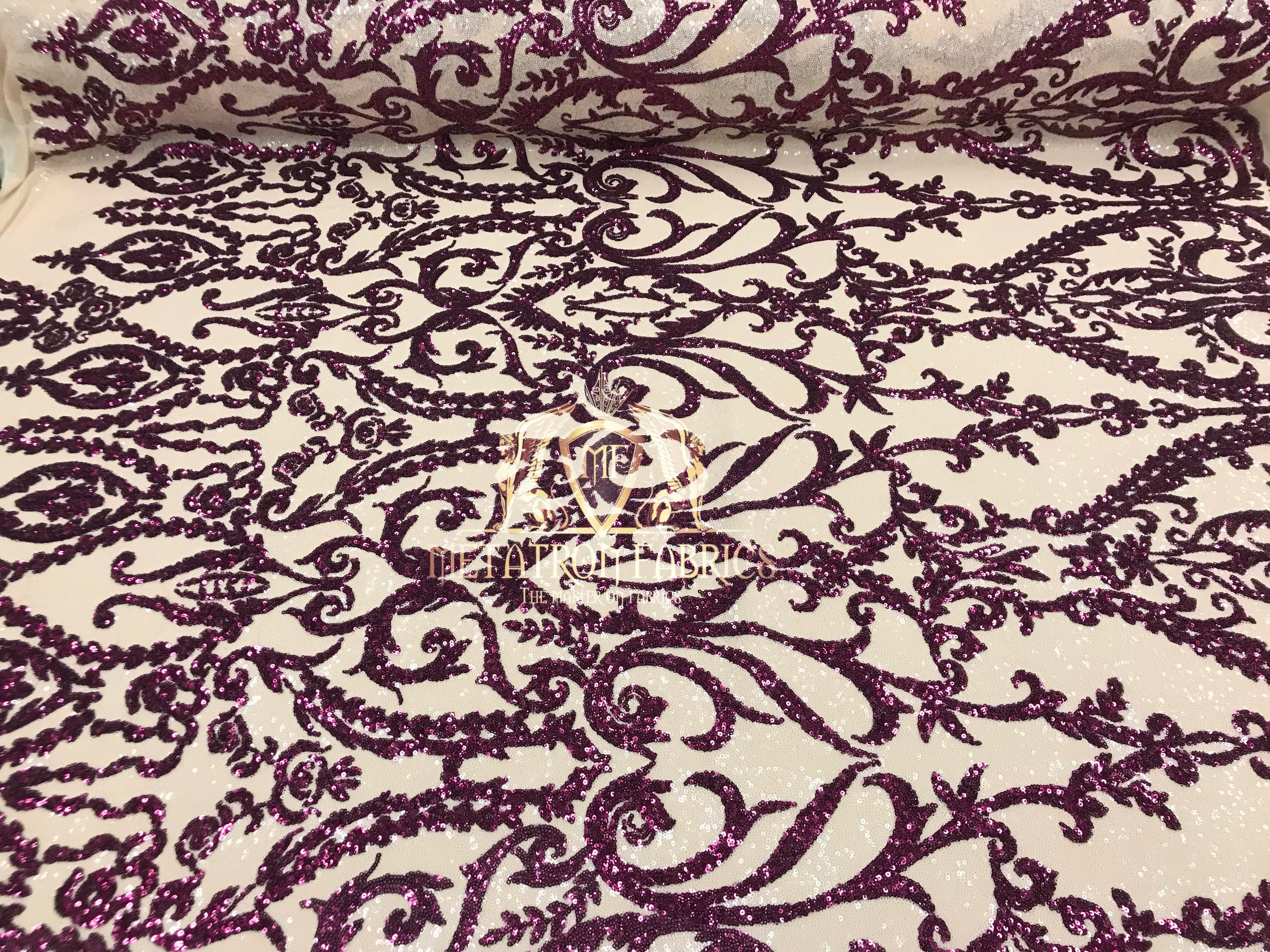 Two Tone Sequins - Magenta / Nude - 4 Way Stretch Fancy Design Mesh Fabric Sold By The Yard
