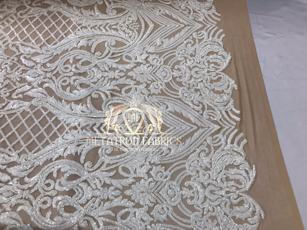 Sequins - White on Dark Nude Mesh - 4 Way Stretch Fancy Fabric Embroidered On Mesh Sold By The Yard
