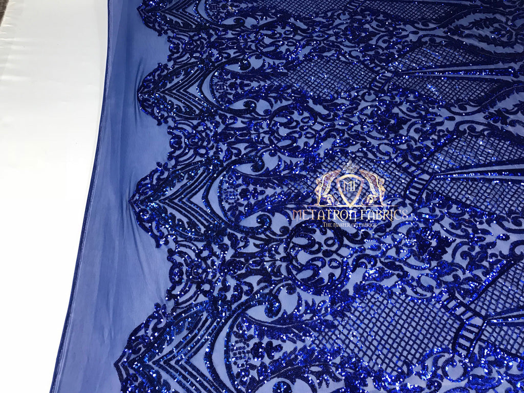 Sequins - Royal Blue - 4 Way Stretch Fancy Fabric Embroidered On Mesh Sold By The Yard