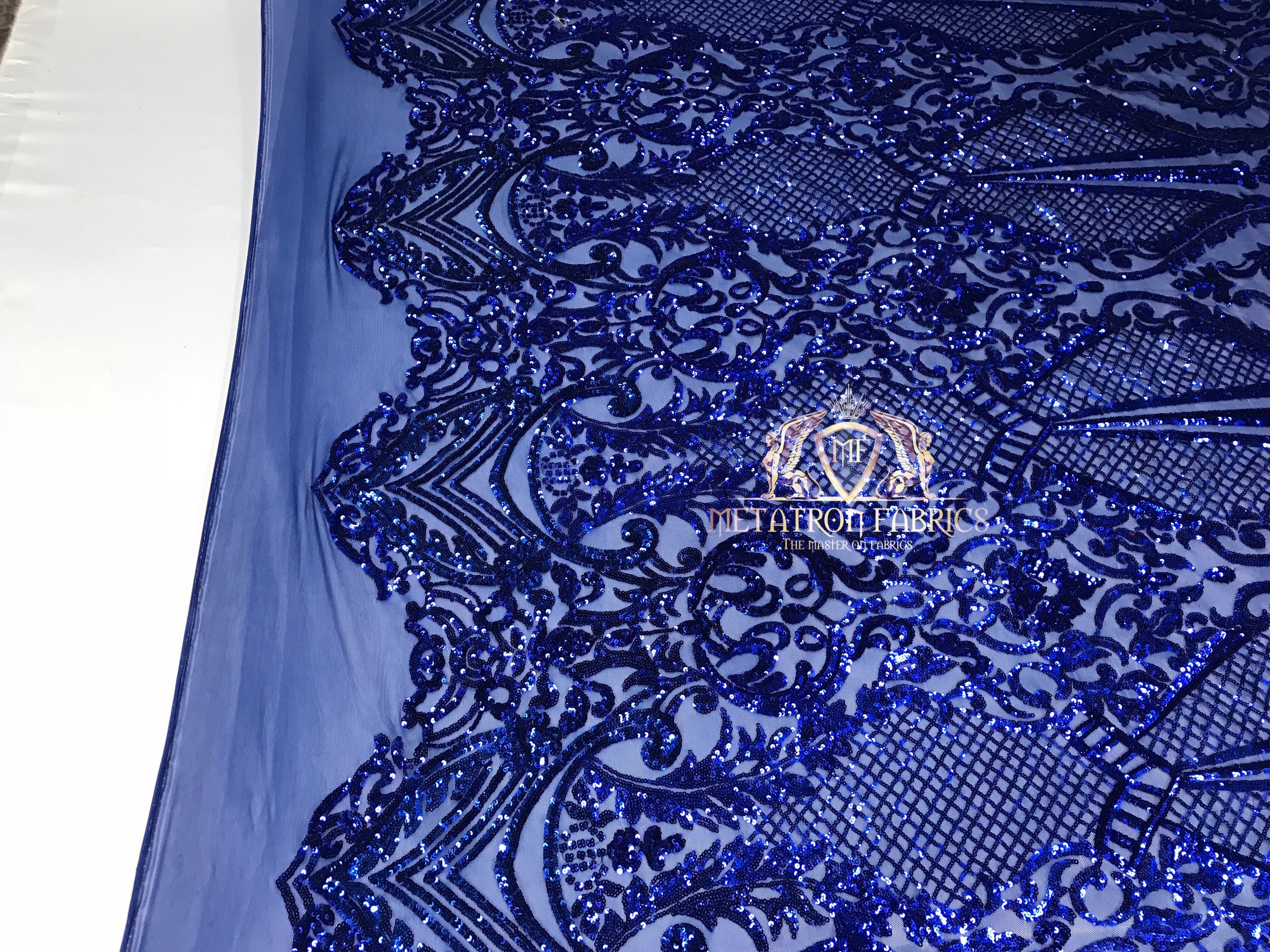 Sequins - Royal Blue - 4 Way Stretch Fancy Fabric Embroidered On Mesh Sold By The Yard