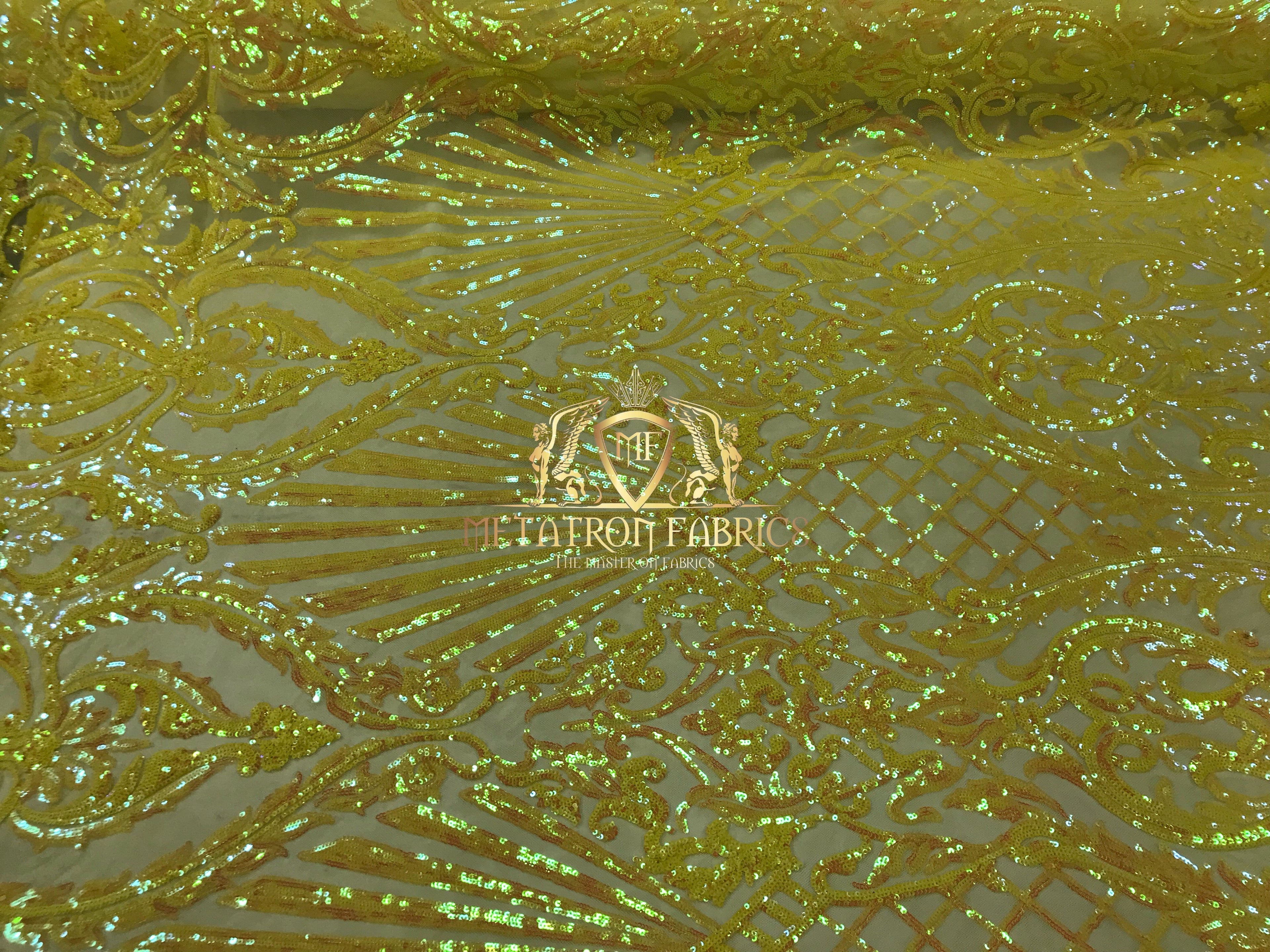 Iridescent Sequins - Yellow - 4 Way Stretch Damask Design Fabric On Stretch Mesh By The Yard
