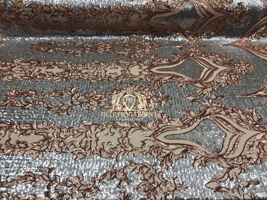 4 Way Stretch - Silver and Rose Gold - Two Tone Flower Design Sequins On Stretch Mesh By The Yard
