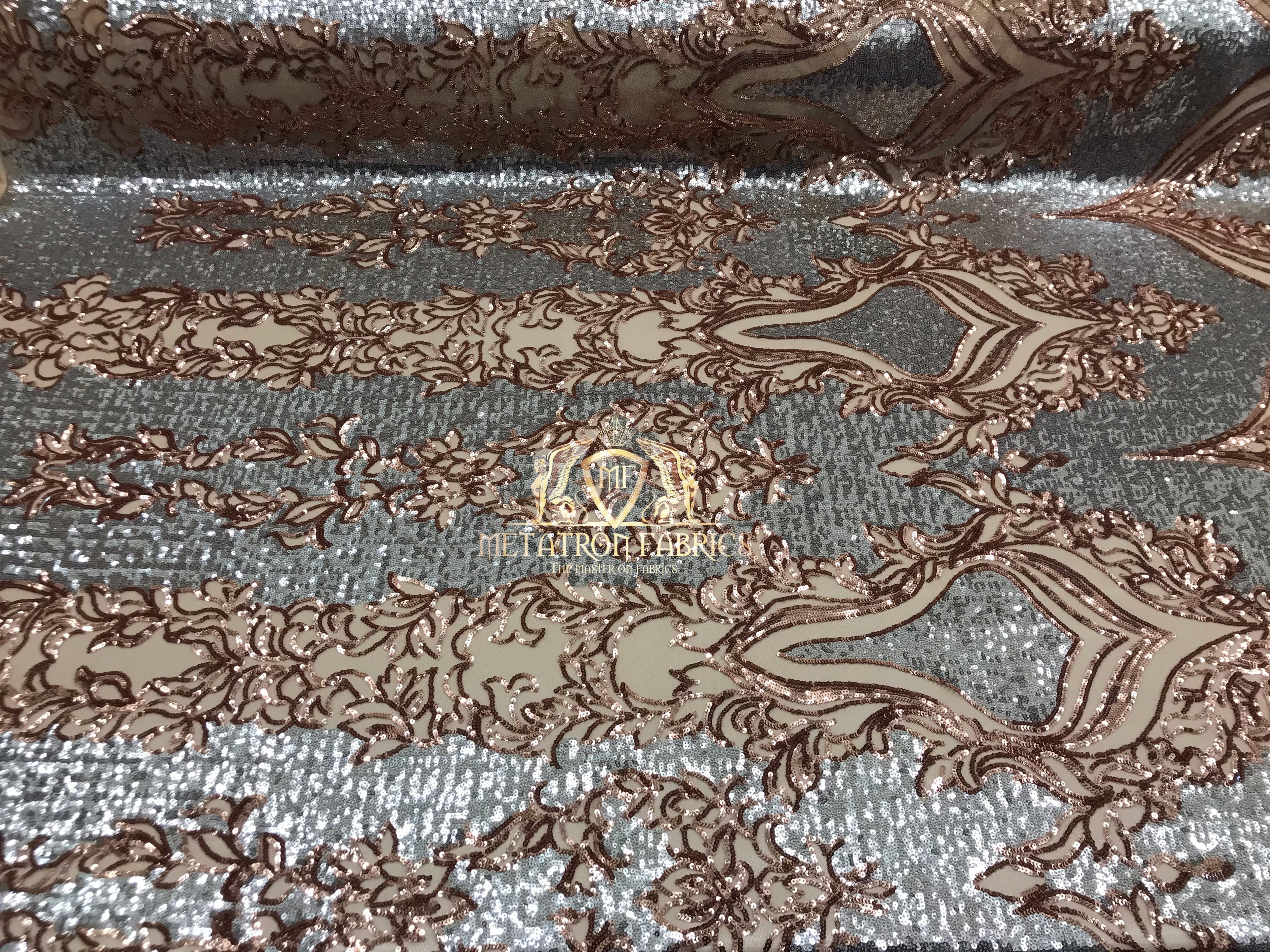 4 Way Stretch - Silver and Rose Gold - Two Tone Flower Design Sequins On Stretch Mesh By The Yard