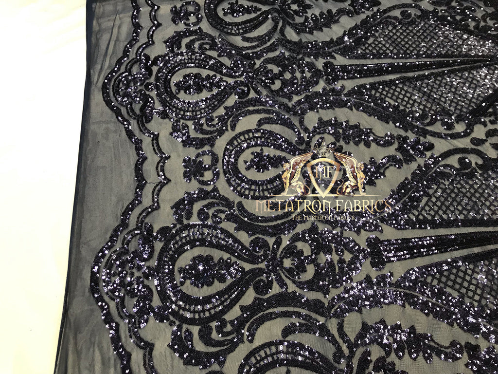 Sequins - Navy - 4 Way Stretch Fancy Fabric Embroidered On Mesh Sold By The Yard