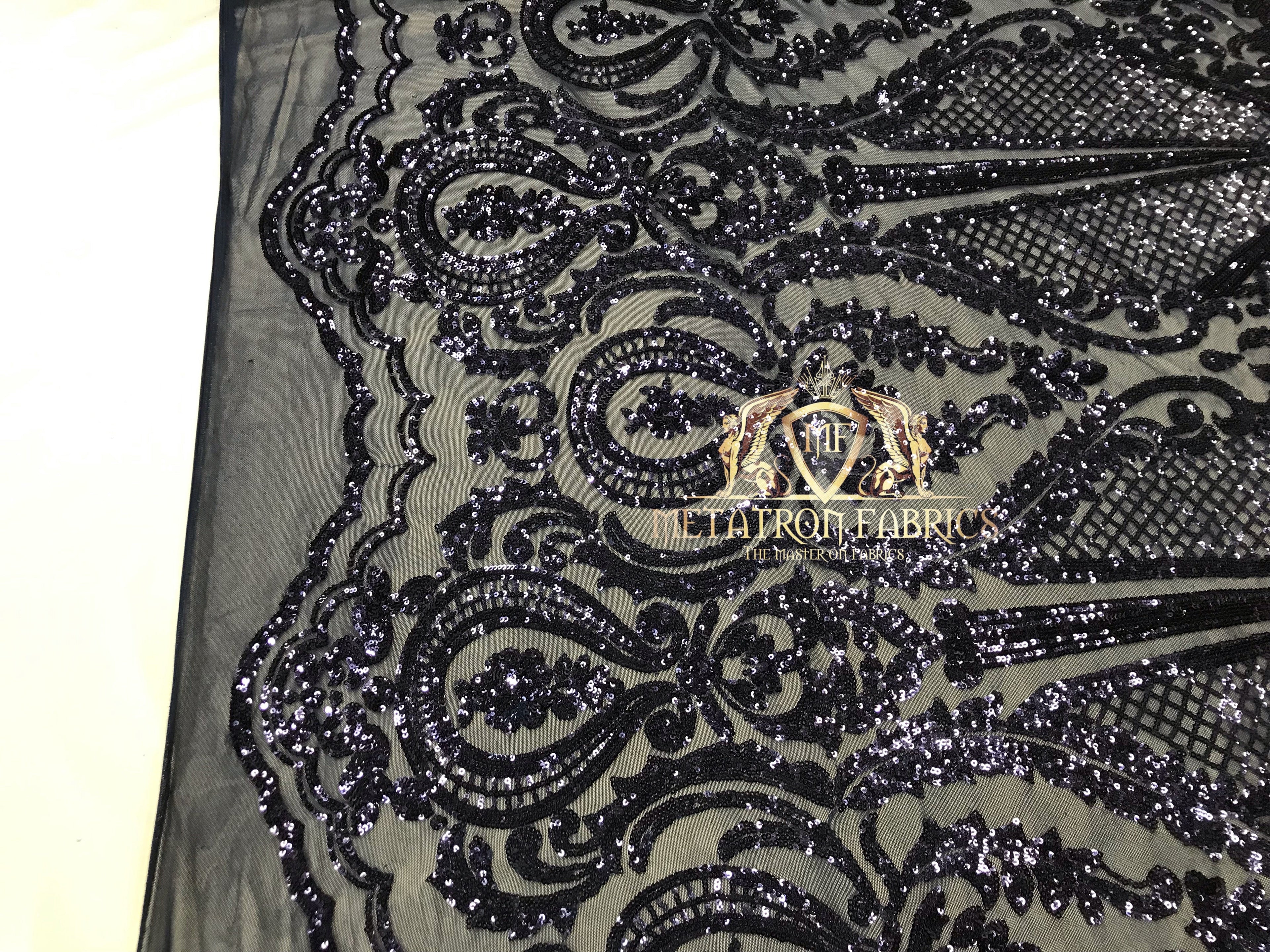 Sequins - Navy - 4 Way Stretch Fancy Fabric Embroidered On Mesh Sold By The Yard