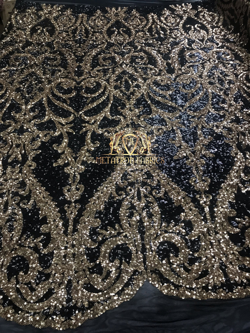 Two Tone Sequins - Black / Gold - 4 Way Stretch Fancy Design Mesh Fabric Sold By The Yard