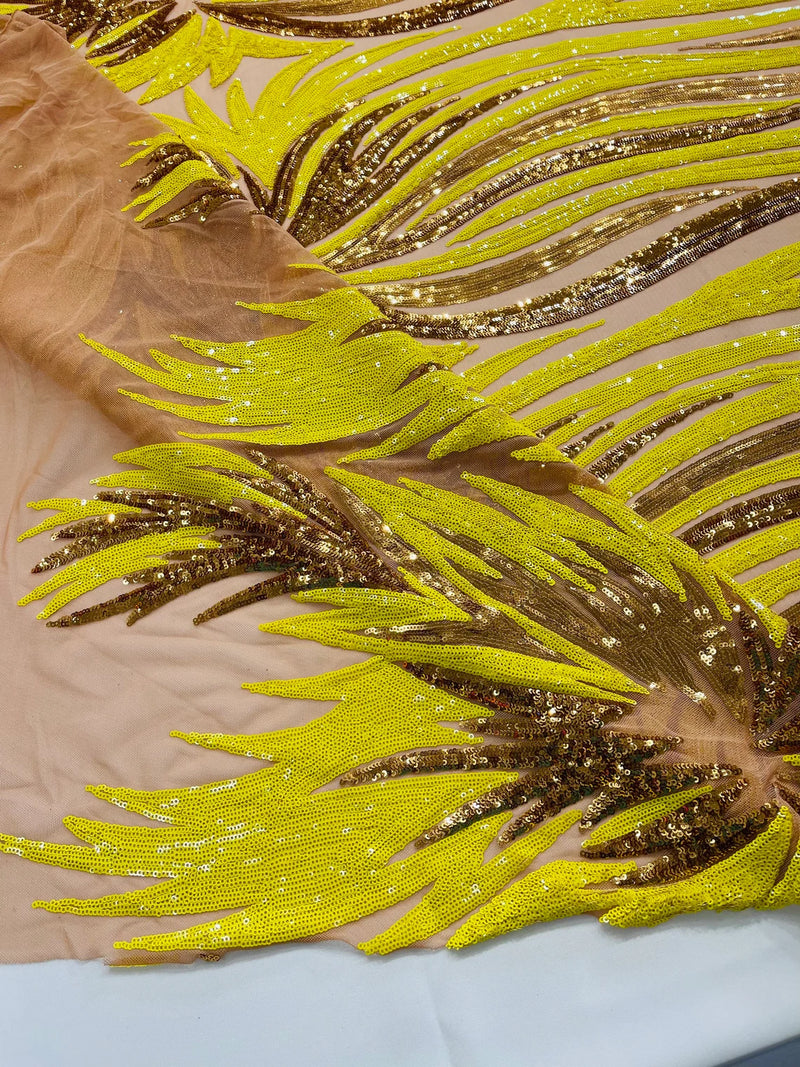Phoenix Wing Sequins - Yellow / Gold - 4 Way Stretch Wings Pattern Design Fabric By Yard