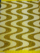 Wavy Line Velvet Sequins - Yellow / White - Velvet Sequins 2 Way Stretch Fabric 58/60” By Yard