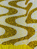Wavy Line Velvet Sequins - Yellow / White - Velvet Sequins 2 Way Stretch Fabric 58/60” By Yard