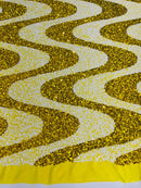 Wavy Line Velvet Sequins - Yellow / White - Velvet Sequins 2 Way Stretch Fabric 58/60” By Yard