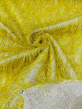 Metallic Eyelash Fabric - Yellow - Feather/Eyelash/Fringe Design on Mesh By Yard