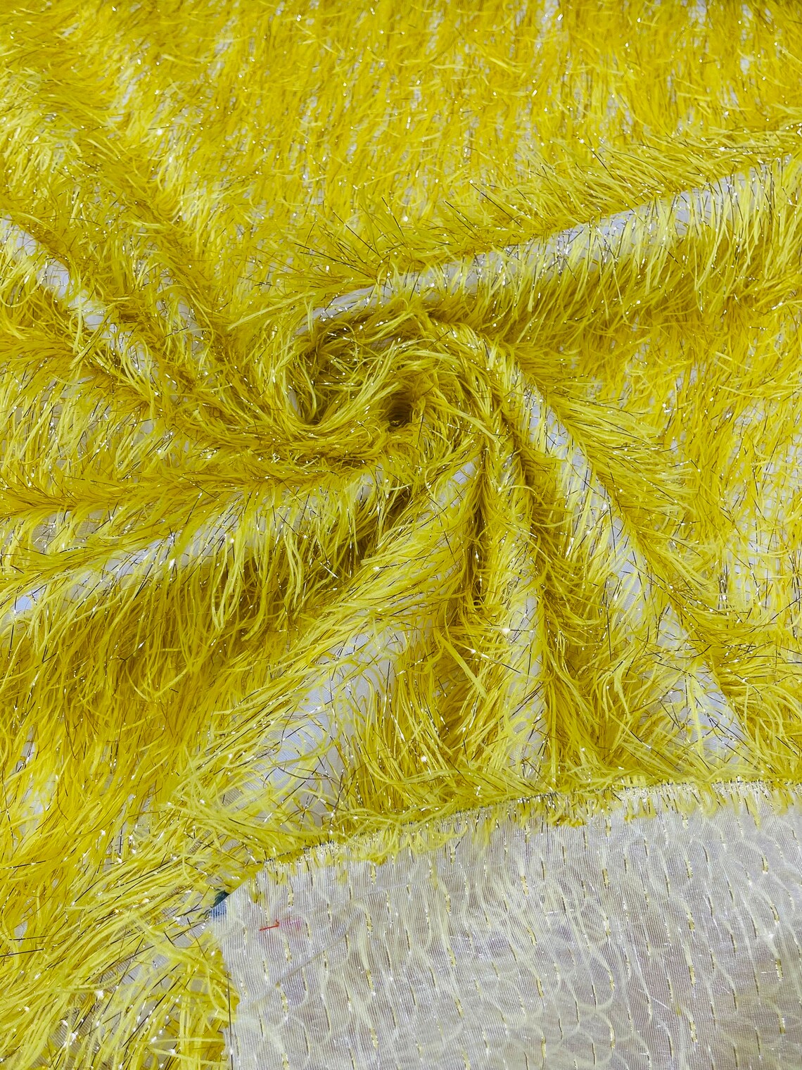 Metallic Eyelash Fabric - Yellow - Feather/Eyelash/Fringe Design on Mesh By Yard